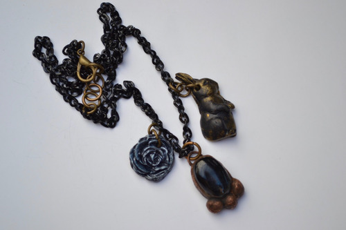 Collar Boho Con Piedra Obsidiana Negra, Flor, Conejo, Cod1