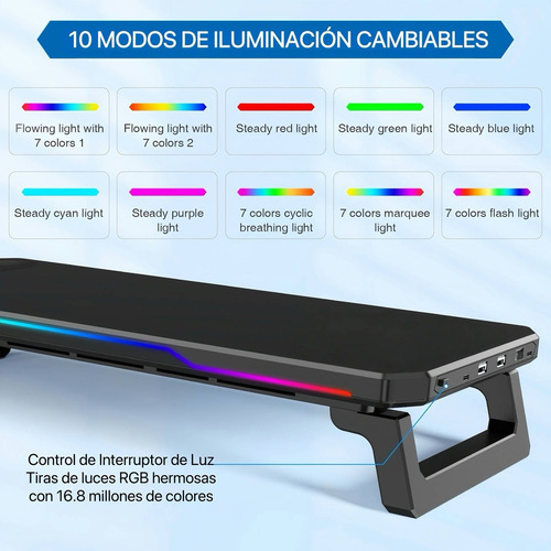 Soporte Elevador Gamer Plegable Para Monitor Con Led 3 Usb Blanco