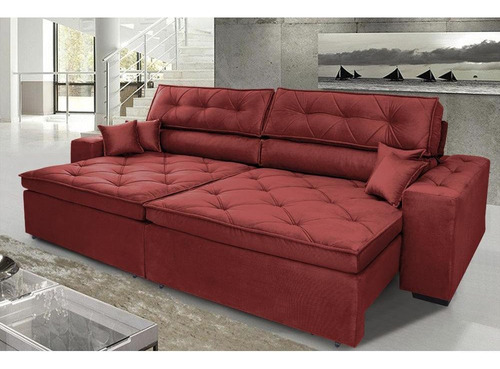 Sofá Austin 2,02m Retrátil, Reclinável com Molas no Assento e Almofadas, Suede Vermelho Cama inBox