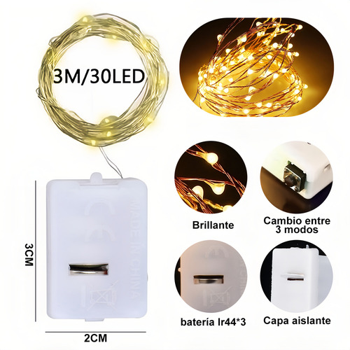 20pcs Luces Led Cadena 3m 30 Led A Pilas Decoración Hogar Blanco Cálido