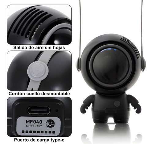Astronauta Ventilador Portátil De Mano Recargable 3 Velocidades Entilador De Cuello Portátil Silencioso Recargable Sin Aspas 2 En 1 Negro