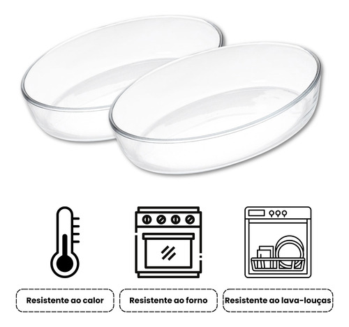 Kit Com 2 Travessas Forma Assadeira De Vidro Oval 1,6l 26cm