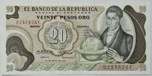 Billete 20 Pesos 01/may/1972 Colombia Xf
