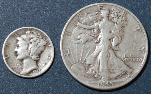 1945 D Mercury Dime 10c Moneda Walking Liberty 50c Plata Lpa