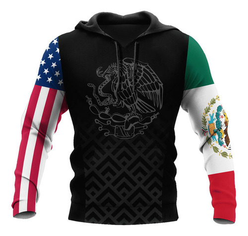 Sudadera Con Capucha Negra Con Bandera Americana Y Mexicana