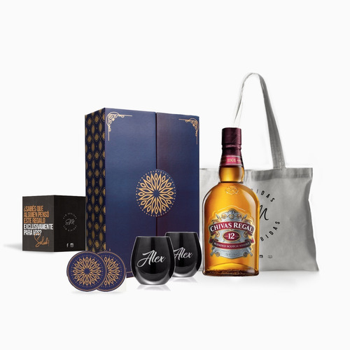 Whisky Chivas Regal 12 Años 750 Ml 2 Vasos Negros Grabados 