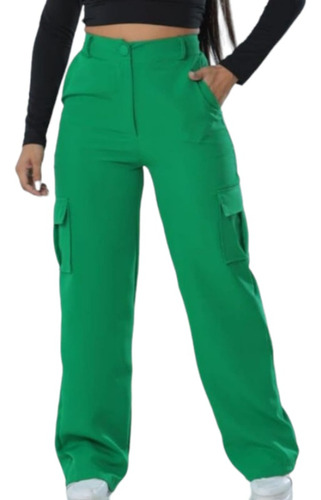 Pantalon Cargo Verde Holgado Tiro Alto Bolsas Laterales 