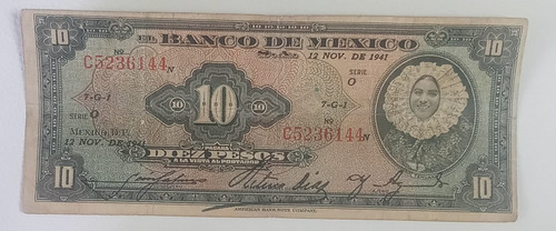 Billete México 10 Pesos Tehuana, 1941, Serie O, Buen Estado