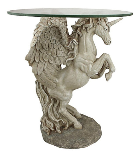  Mesa Auxiliar Escultura  Unicornio Tope Vidrio Resina 