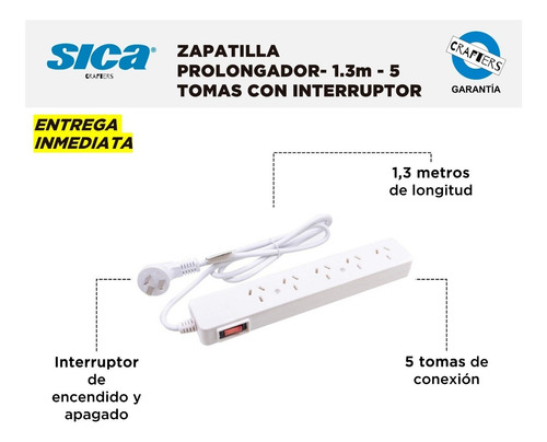 Imagen 2 de 5 de Zapatilla Sica Prolongador - 1.3m - 5 Tomas Con Interruptor