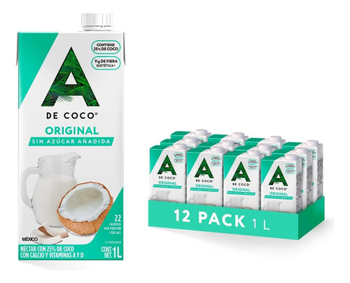 A De Coco Original Sin Azucar Añadida 1 L. (12 Pzs.)