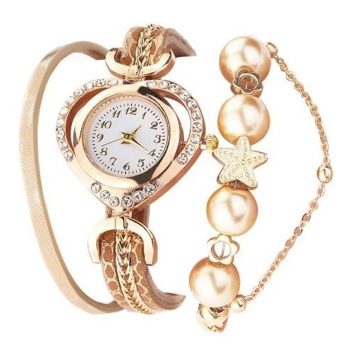 Relógio Feminino Vintage Bracelete Pulseira Pérolas Pingente