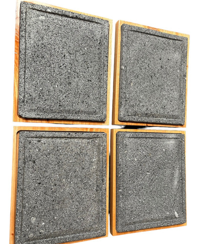 Plato De Piedra Volcánica Con Base De Madera 4 Color Gris oscuro Cuadrado