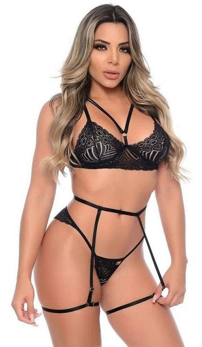 Imagem 2 de 3 de Conjunto Fio Dental Em Rendado Com Liga - Strappy - Jasmin