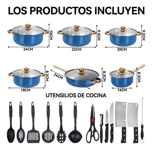Batería De Cocina 26 Piezas Aluminio Antiadherente Con Azul