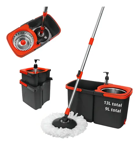 Mop Esfregão Duo Giratório Desmontável Duas Águas Cesto Inox Preto Com Detalhes Vermelhos