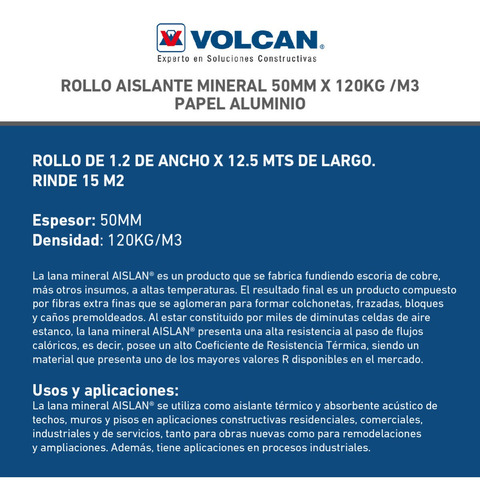 Aislante Lana Roca Mineral 50mm Papel Aluminio Ignifuga