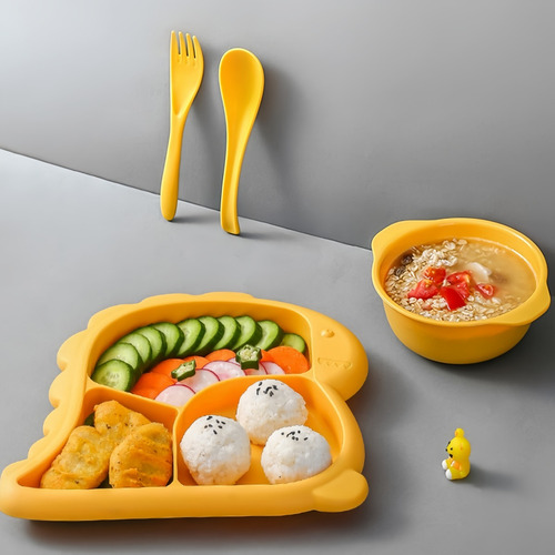 Set De Vajilla Infantil Con Diseño De Dinosaurio Y Babero