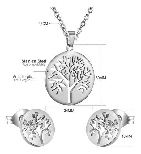 Imagen 3 de 8 de Conjunto Collar Aretes Dije Árbol De La Vida Cadena Acero