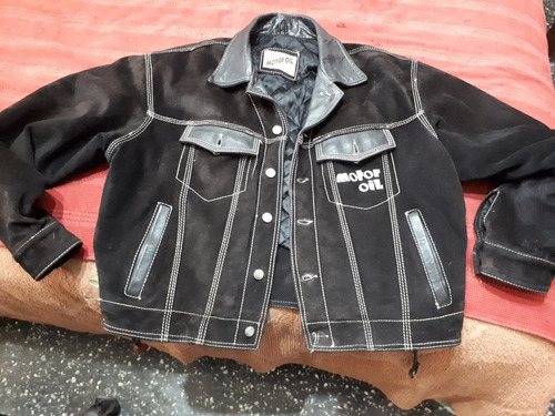 Campera Motor Oil Talle L Cuero Gamuzado Negra