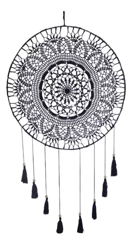 Atrapasueños Mandala Grande 60cm Negro Blanco Tejido Crochet