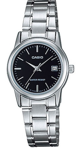 Reloj Casio Quartz Ltpv002 Mujer Acero Negro Full Correa Plateado Bisel Plateado Fondo Negro LTP-V002D-1A