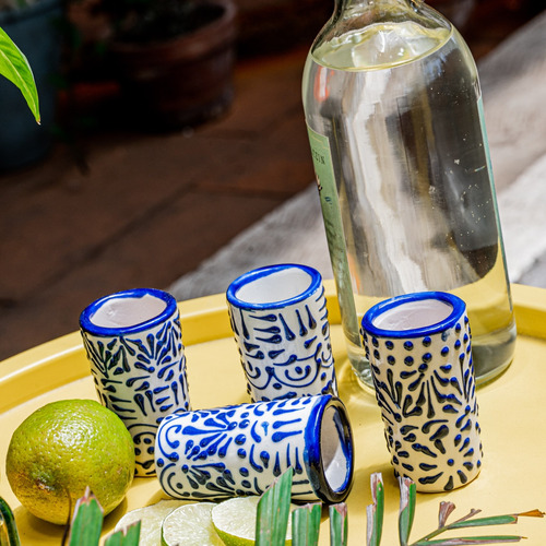 Mextequil -set 32 Caballitos Tequileros Talavera Encaje Azul Azul