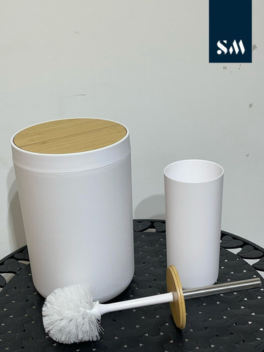 Juego De Accesorios Para Baño Cesto Cepillo Dispenser Blanco