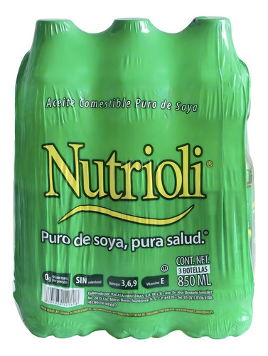 Aceite De Cocina Nutrioli Puro De Soya Paquete De 3 Piezas De 850 Ml C/u Cocina Desayuno Cena Negocio Restaurante Casa