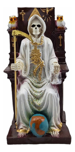 Santa Muerte Blanca Ritualizada Sentada En Trono 22 Cm Resin