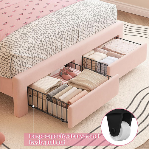 Base De Cama C/ Cajones Y Luces Led Enhomee Matrimonial Rosa