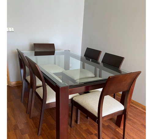 Juego De Comedor 6 Personas 1,74 X 1,00 Cms Madera Y Vidrio