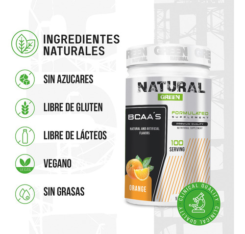 Aminoácidos Bcaas Green Varios Sabores 1kg 100 Servs Naranja