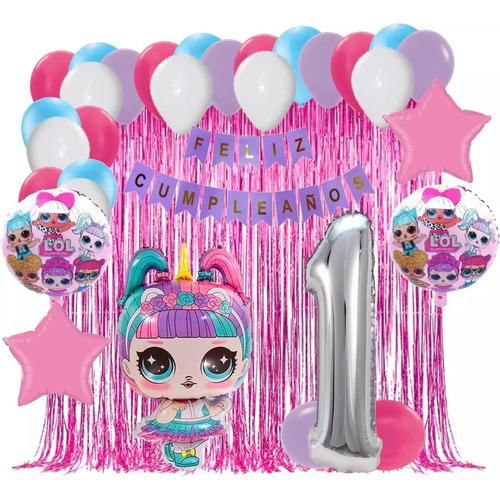 Kit Globos Decoracion Lol Unicornio Cortina Numero Fucsia