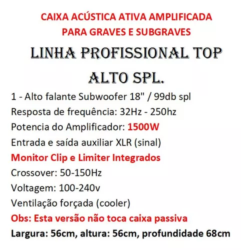 Caixa Ativa 18 Sub 1500w Nhl Top 18 Subwoofer Limiter Cooler