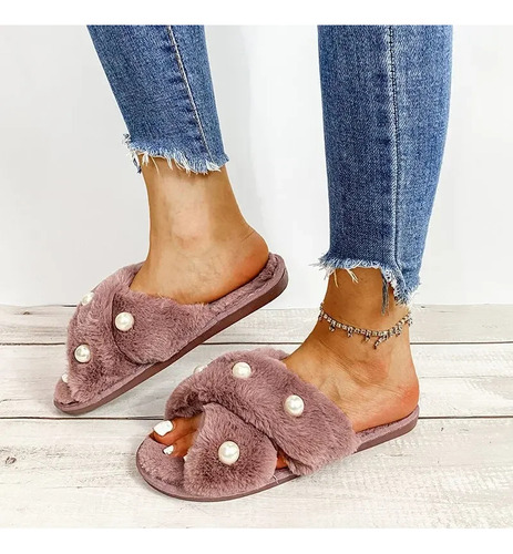 Zapatillas De Hogar Con Punta Abierta De Perlas De Felpa Par