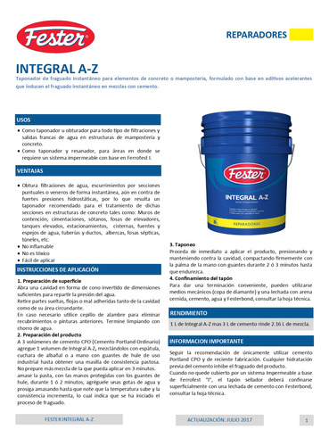 Taponador De Fraguado Instantáneo Fester Integral A-z 19l