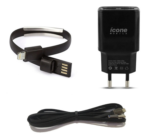 Kit Carregador 2 Usb Pulseira E Cabo 2m Preto Icone Mobile