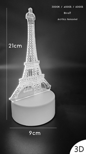 Luminária Torre Eiffel 3d Led Abajur Decoração Cor Da Estrutura Branco