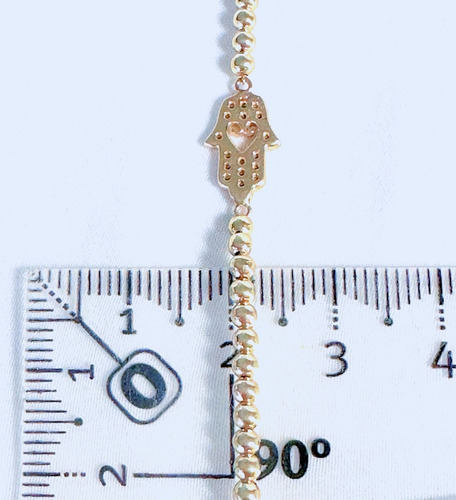 Pulsera De Bolitas Y Mano Fátima Con Corazón 17.5cm Oro 10k