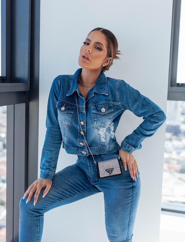 Imagem 5 de 8 de Jaqueta Jeans Feminina Coração Franjas Strass 6345