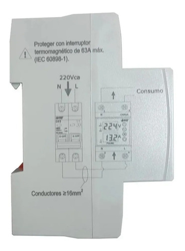 Imagen 2 de 5 de Protector Tension Monofasico 63a Digital Din Volt Amp Baw R