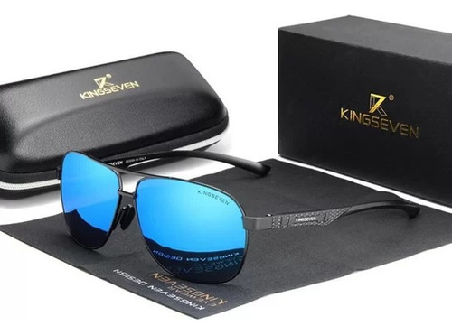 Óculos De Sol Polarizados Kingseven N7188 Armação Alumínio Armação Preto Haste Preto Lente Azul-aço Desenho Ocean