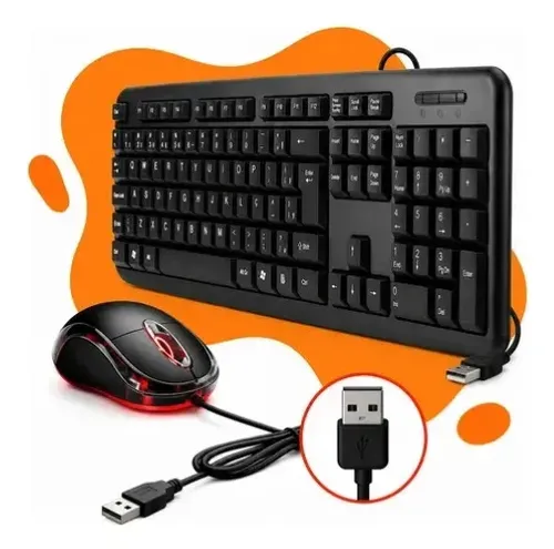 Teclado e mouse pretos com iluminação vermelha