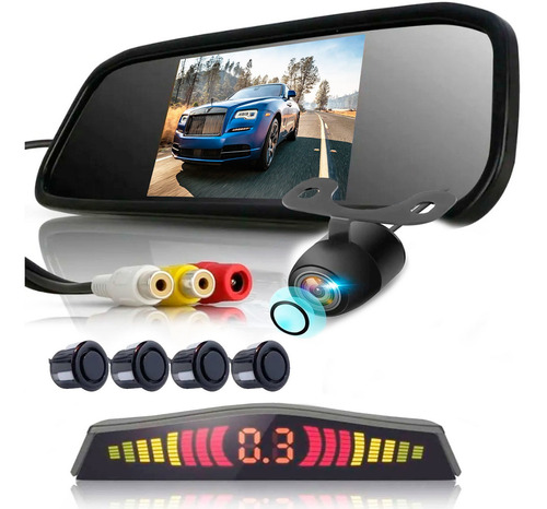 Kit Retrovisor Lcd C/camera Visao Colorida + Sensor Re Preto