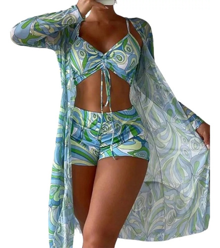 Bikini De Hilo Con Estampado Completo Y Kimono Playero