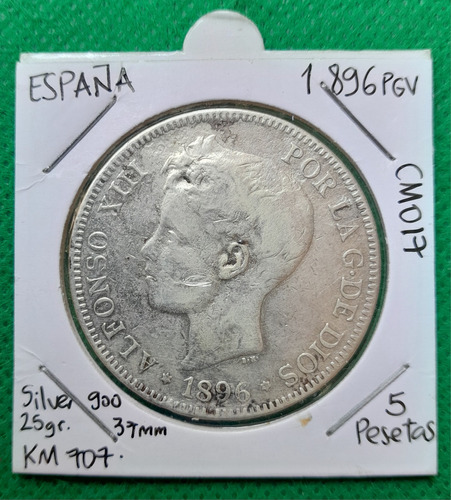 Moneda De 5 Pesetas De España, En Plata, Año 1896