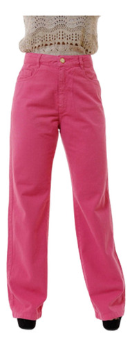 Calça Feminina Jeans Wide Leg Elegante Cintura Alta Rosa