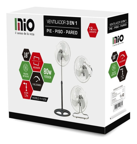 Imagen 2 de 9 de Ventilador Industrial Mio Pared Pie Turbo 3 En 1 18 Pulgadas