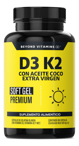 Beyond Vitamins | Vitamina D3 + Vitamina K2 | Cápsula Blanda Premium | Aceite De Coco Extra Virgen | Mct (trigliceridos) Para Mayor Absorción | Coconut Oil - 180 Cápsulas